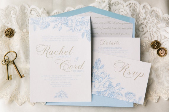 Airy Floral Wedding Invitation In White Light Blue With Gold Etsy