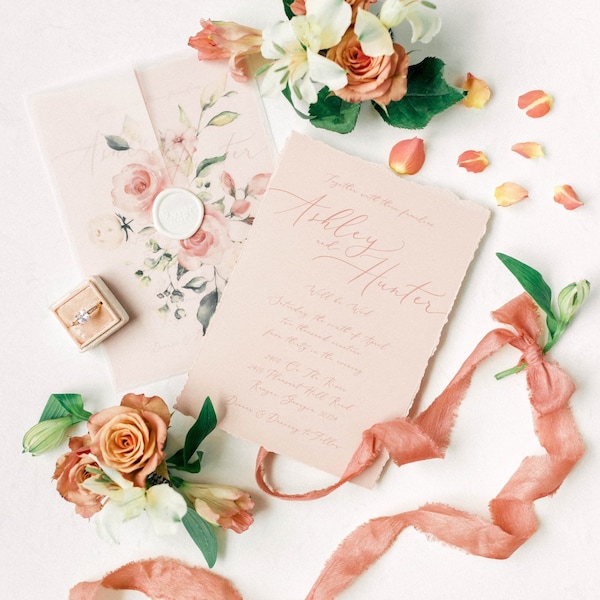 Floral Wedding Invitation: Dusty Rose Vellum Wrap, Deckled Edges