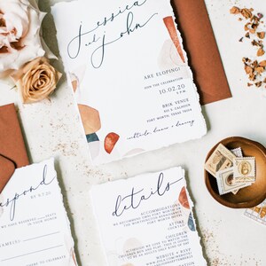 Boho Wedding Invitation with Abstract Shapes in Terra-Cotta, Sepia, Blush and Brown & Ripped Edges Details, RSVP and Address Printing image 2