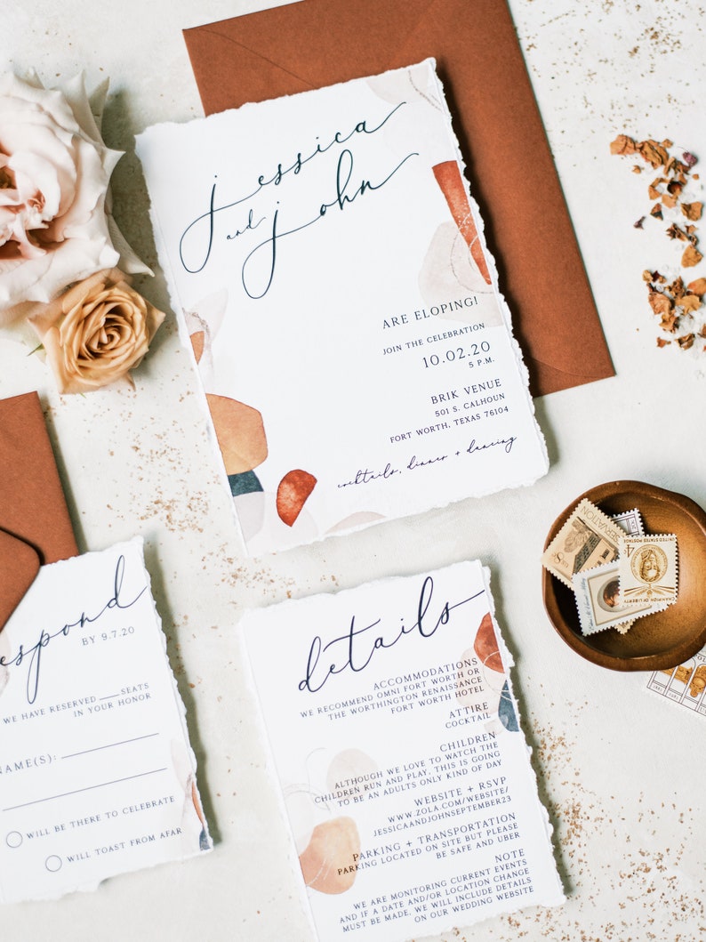 Boho Wedding Invitation with Abstract Shapes in Terra-Cotta, Sepia, Blush and Brown & Ripped Edges Details, RSVP and Address Printing image 2