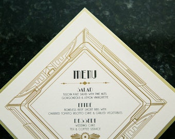 Glam Great Gatsby, Art Deco, Art Nouveau, Roaring 20's Printed Wedding Menu in Black and Metallic Gold - Other Colors Available!