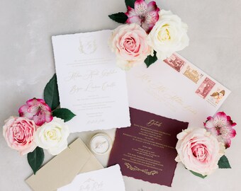 Deckled Edge Modern Calligraphy FLoral Crest Wedding Invitation in Gold, Burgundy and Pale Pink with Envelope Liner, RSVP & Address Printing