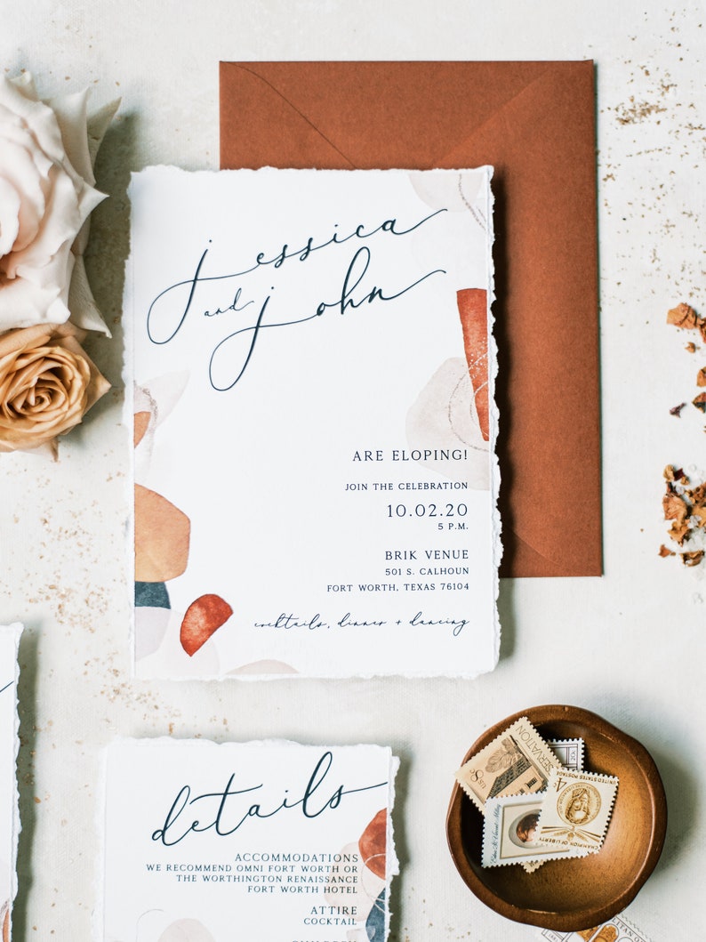 Boho Wedding Invitation with Abstract Shapes in Terra-Cotta, Sepia, Blush and Brown & Ripped Edges Details, RSVP and Address Printing image 9