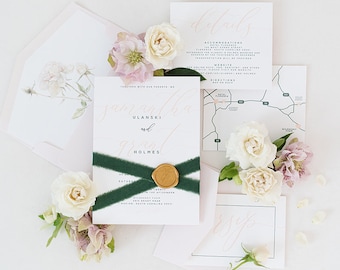 Simple Blush Pink Wedding Invitation, Water Color Floral in Liner, Green Ribbon and Gold Wax Seal, Custom Map & Addressing - Other Colors