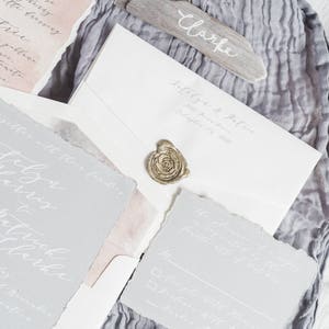 Deckled Edges Calligraphy Wedding Invitation White Ink on Gray Paper, Modern & Minimal with Wax Seal Envelope Liner and Address Printing image 10