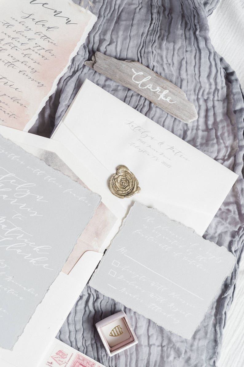 Deckled Edges Calligraphy Wedding Invitation White Ink on Gray Paper, Modern & Minimal with Wax Seal Envelope Liner and Address Printing image 10