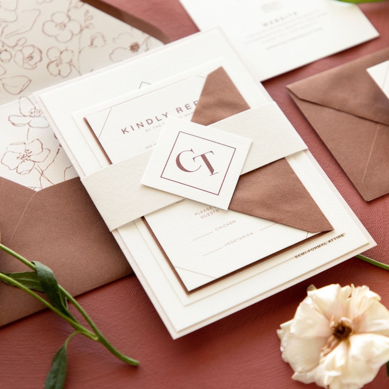 Monogram Wedding Invitation, Letterpress in Sepia and Sienna Brown Tones with Delicate Floral Envelope Liner & Belly Band Different Colors image 2