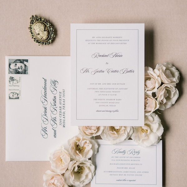 Modern and Simple Black and White Wedding Invitation with Clean, Uncluttered Design with Guest Addressing — Available in any Color Scheme