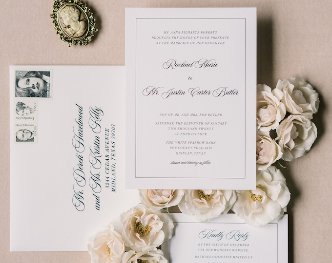 Modern and Simple Black and White Wedding Invitation with Clean, Uncluttered Design with Guest Addressing — Available in any Color Scheme