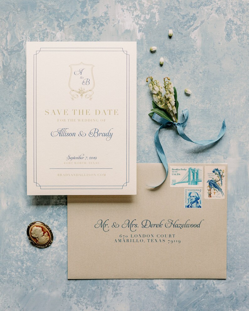 Classic & Traditional Wedding Save the Date with Monogram Crest in Navy Blue and Gold with Envelope and Guest Addressing Other Colors image 6