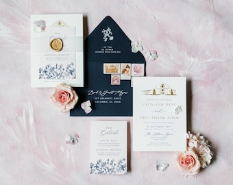 Navy and Blush Wedding Invitation with Gold Foil Stamp Featuring Custom Venue Illustration, Floral, Vellum Belly Band - Other Colors!