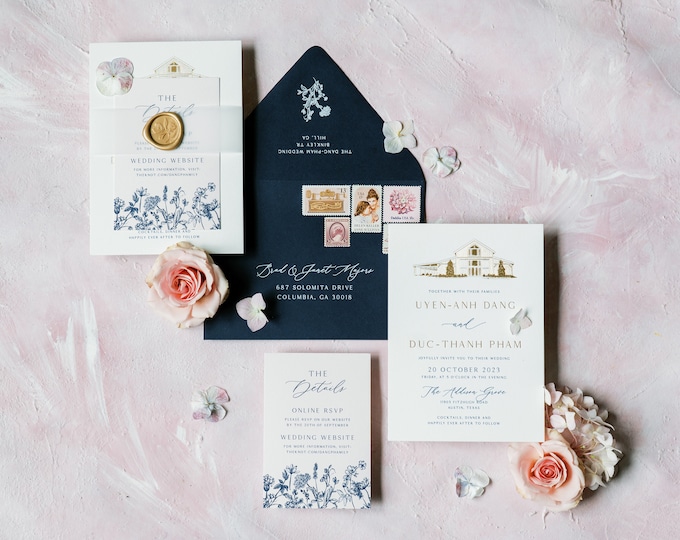 Navy and Blush Wedding Invitation with Gold Foil Stamp Featuring Custom Venue Illustration, Floral, Vellum Belly Band - Other Colors!