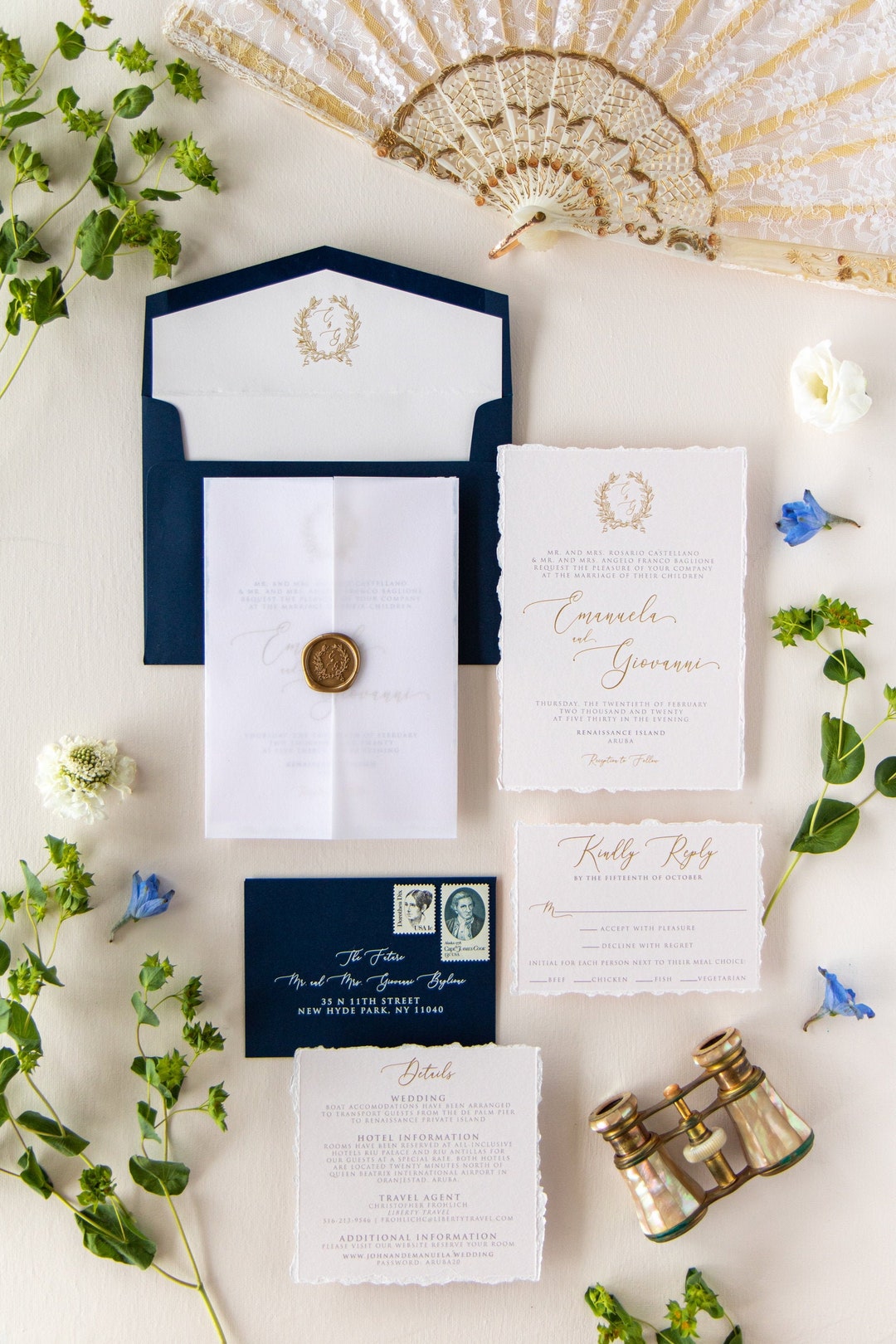 Gold Wax Seal Vellum Jacket Enclosed Wedding Invitation in Navy With