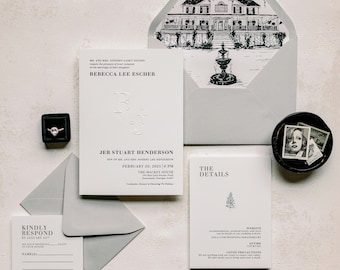 Minimal Wedding Invitation printed with Black Letterpress, Blind Embossed Monogram and Custom Venue Sketch with Grey Envelope — Other Colors