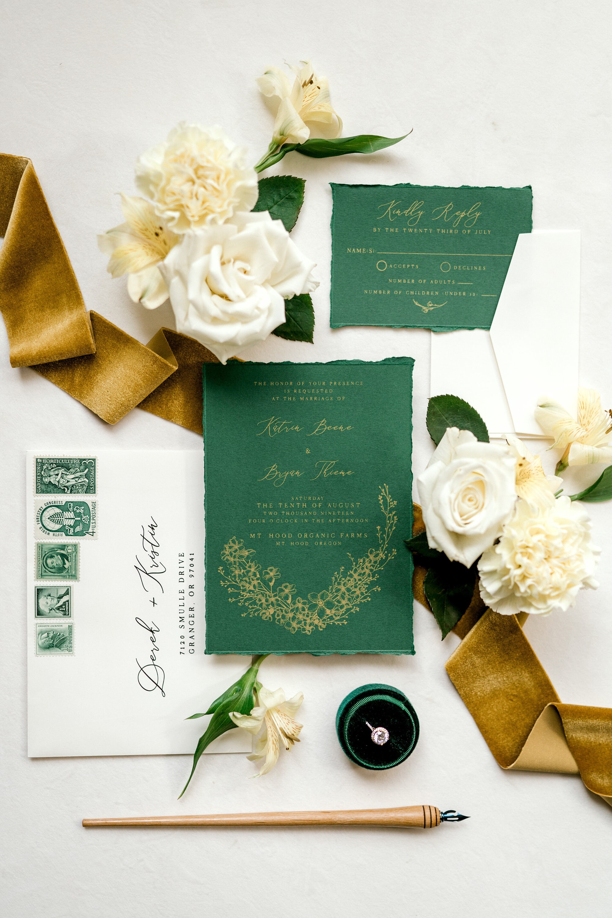 5x7 Metallic Gold Floral & Forest Green Wedding Invitation with