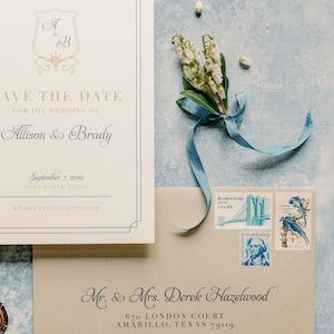Classic & Traditional Wedding Save the Date with Monogram Crest in Navy Blue and Gold with Envelope and Guest Addressing Other Colors image 10