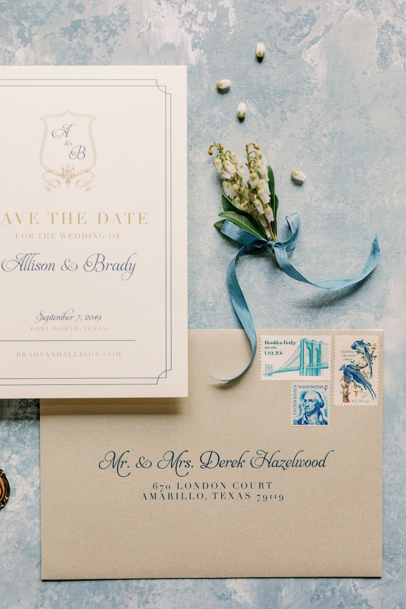 Classic & Traditional Wedding Save the Date with Monogram Crest in Navy Blue and Gold with Envelope and Guest Addressing Other Colors image 10