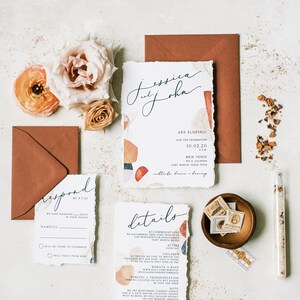 Boho Wedding Invitation with Abstract Shapes in Terra-Cotta, Sepia, Blush and Brown & Ripped Edges Details, RSVP and Address Printing image 10