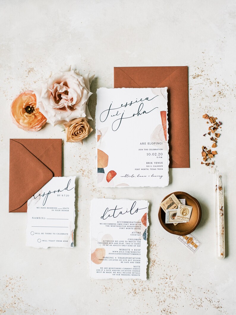 Boho Wedding Invitation with Abstract Shapes in Terra-Cotta, Sepia, Blush and Brown & Ripped Edges Details, RSVP and Address Printing image 10