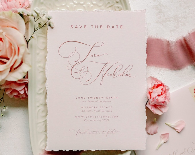 Modern Blush Pink Save the Date with Deckled Edges + Envelope and Guest Addressing — Different Colors Available!