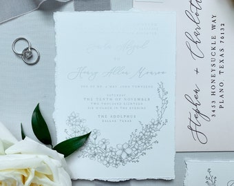 Silver & Pale Pink Wedding Invitation, Torn Edges on White Linen with Deckled Edges with Calligraphy and Delicate Hand Drawn Floral