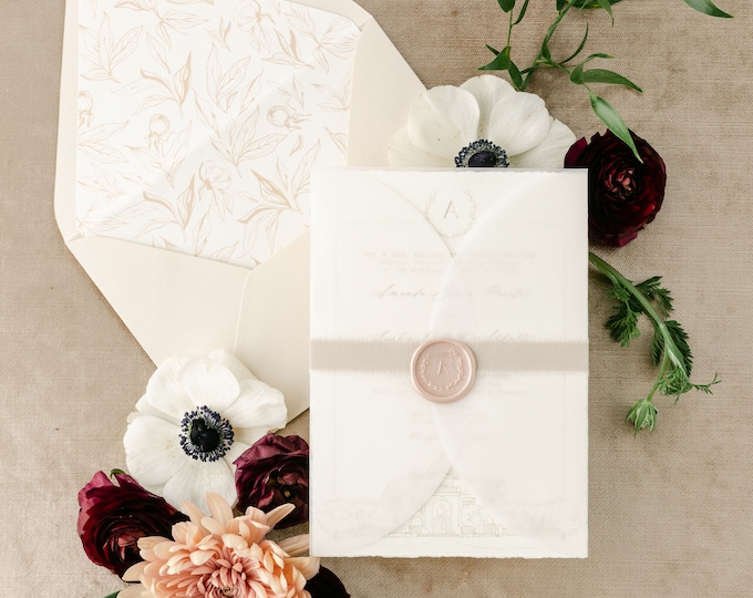 Wedding Invitation with Venue Illustration of The Olana with Vellum Wrap, Ribbon, Blush Wax Seal with Monogram in Taupe — Other Colors!