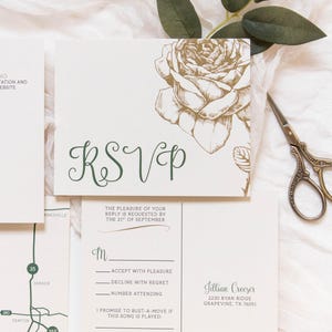 5x7 Metallic Gold Floral & Forest Green Wedding Invitation with Directions Insert, Postcard RSVP and Envelope Liner. Different Color Options image 6
