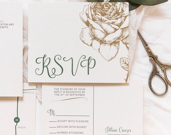 5x7 Metallic Gold Floral & Forest Green Wedding Invitation with Directions  Insert, Postcard RSVP and Envelope Liner. Different Color Options