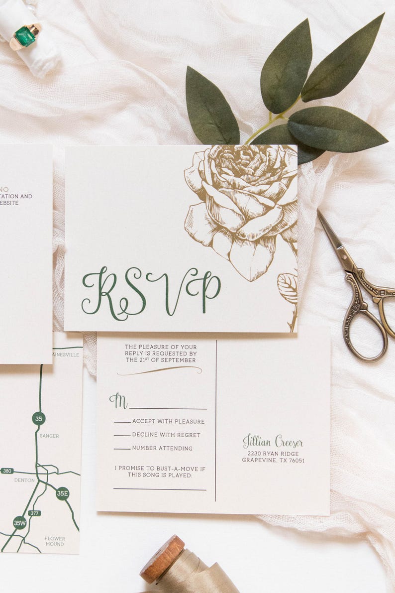5x7 Metallic Gold Floral & Forest Green Wedding Invitation with Directions Insert, Postcard RSVP and Envelope Liner. Different Color Options image 6