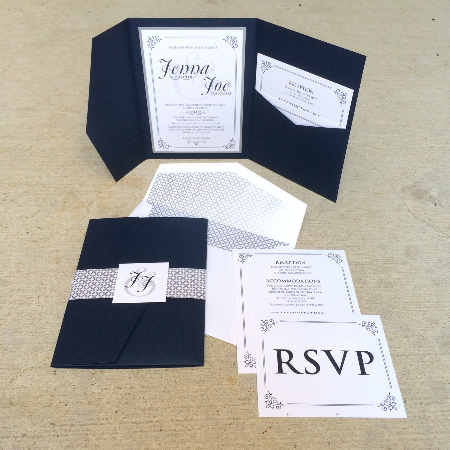 SAMPLE 5x7 Navy and Silver Vintage Pocket Wedding Invitation with Envelope  Liner, Enclosure Band & Monogram with Details and RSVP Inserts