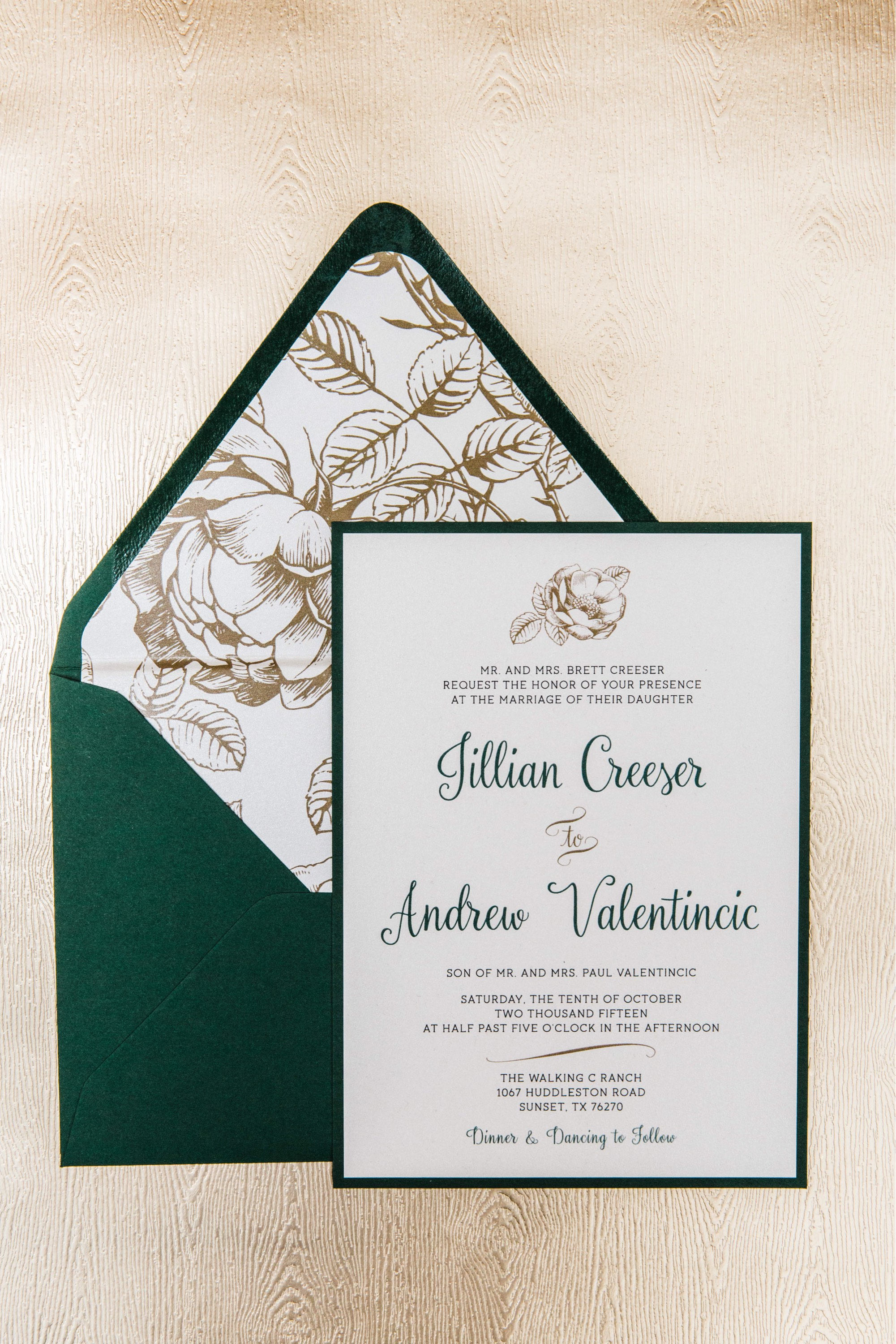 SAMPLE 5x7 Metallic Gold Floral & Forest Green Wedding Invitation with  Directions Insert, Postcard RSVP and Envelope Liner