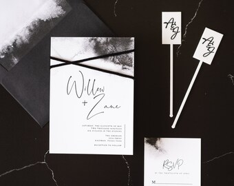 Black & White Watercolor Minimalist Wedding Invitation with Modern Calligraphy and Envelope Liner - Different Color Options