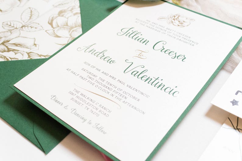 5x7 Metallic Gold Floral & Forest Green Wedding Invitation with Directions Insert, Postcard RSVP and Envelope Liner. Different Color Options image 7