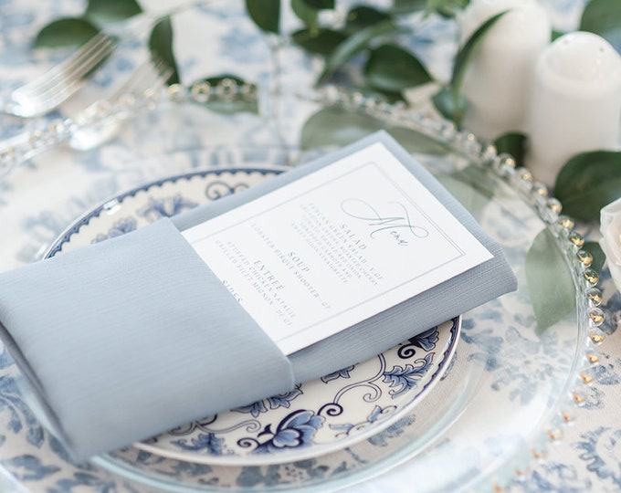 Clean and Simple Wedding Menu in Navy Blue and White with Calligraphy Style Script — Different Colors Available!