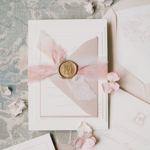 Wedding Invitation with Custom Venue Sketch Illustration in Pale Blush with Silk Ribbon and Gold Wax Seal Monogram Other Colors Available image 6