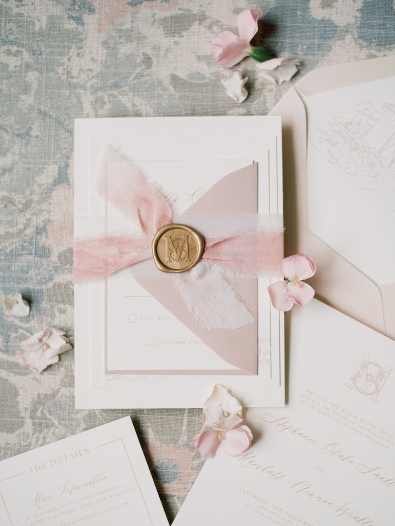 Wedding Invitation with Custom Venue Sketch Illustration in Pale Blush with Silk Ribbon and Gold Wax Seal Monogram Other Colors Available image 6