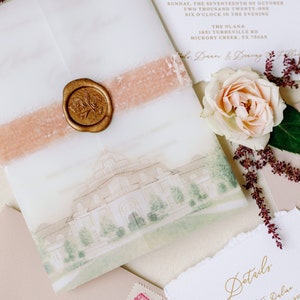 Custom Water Color Illustration of Wedding Venue on Vellum Wrap with Torn Edges, Calligraphy, Velvet and Wax Seal Other Colors Available image 8