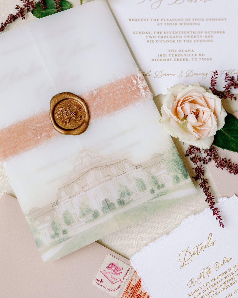 Custom Water Color Illustration of Wedding Venue on Vellum Wrap with Torn Edges, Calligraphy, Velvet and Wax Seal Other Colors Available image 8