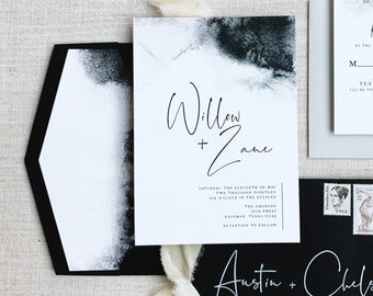 Black & White Watercolor Minimalist Wedding Invitation with Modern Calligraphy and Envelope Liner - Different Color Options