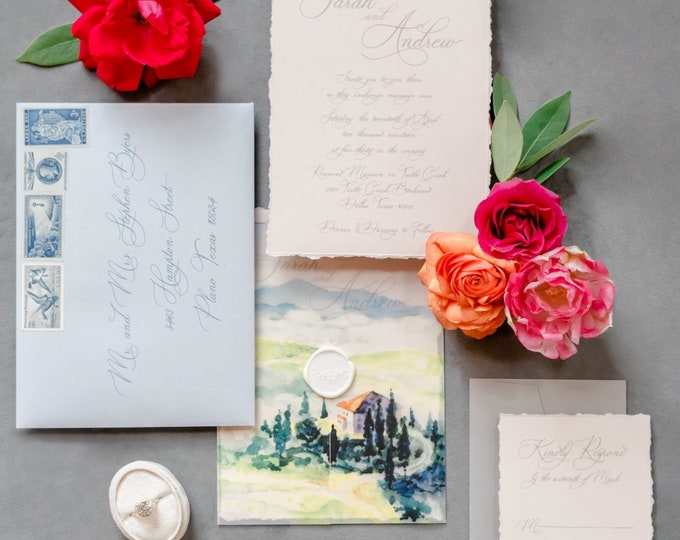 Tuscan Water Color Scene on Vellum Jacket Wedding Invitation with Deckled Edges and Modern Calligraphy with Wax Seal - Other Colors