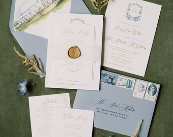 Wedding Invitation with Monogram, Gold Thermography & Water Color Illustration Wedding Venue in Shades of Dusty Blue — Other Colors!