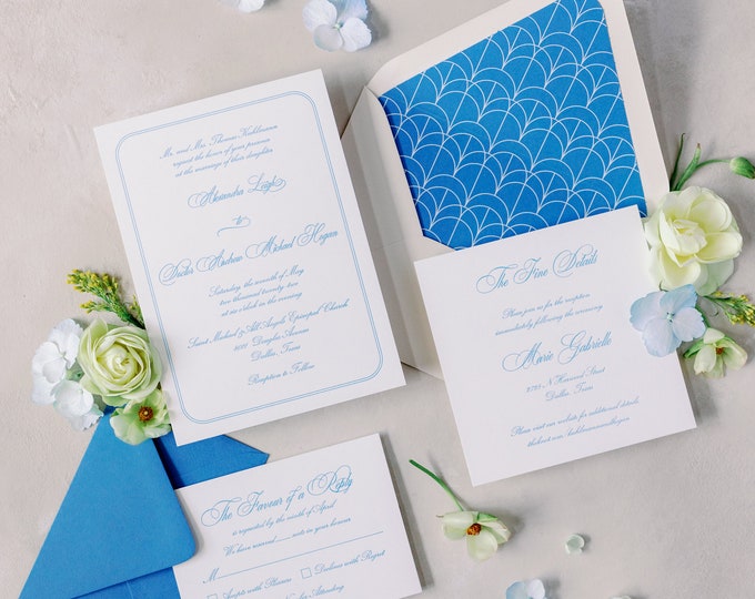 Timeless Bright Blue Letterpress Wedding Invitation with in all Calligraphy Script with Geometric Envelope Liner — Other Colors Available!