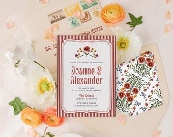 Funky, Whimsical Floral Wedding Invitation in Bright Red, Orange and Yellow— Other Colors Available!