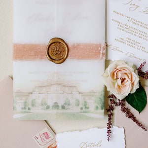 Custom Water Color Illustration of Wedding Venue on Vellum Wrap with Torn Edges, Calligraphy, Velvet and Wax Seal Other Colors Available image 9