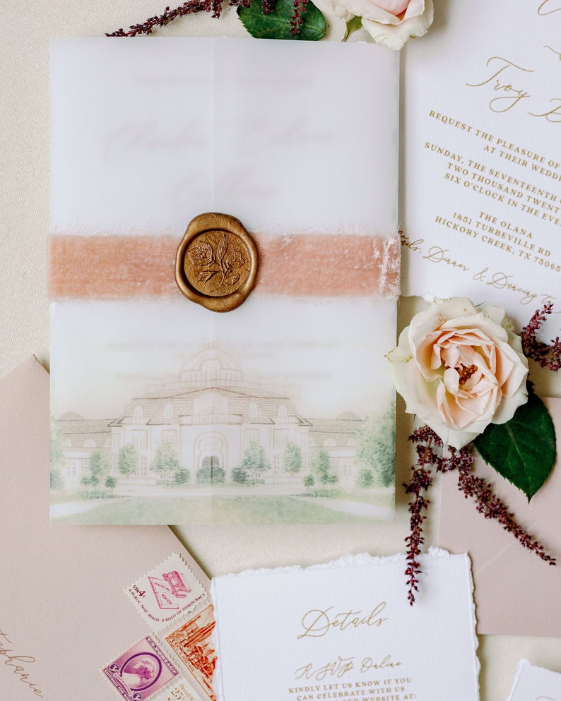 Custom Water Color Illustration of Wedding Venue on Vellum Wrap with Torn Edges, Calligraphy, Velvet and Wax Seal Other Colors Available image 9