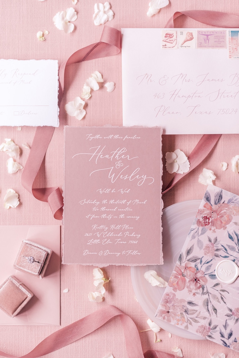 Other Colors Floral Vellum Wrap Wedding Invitation on Dusty Rose White Ink Calligraphy with Torn Edges and Wax Seal