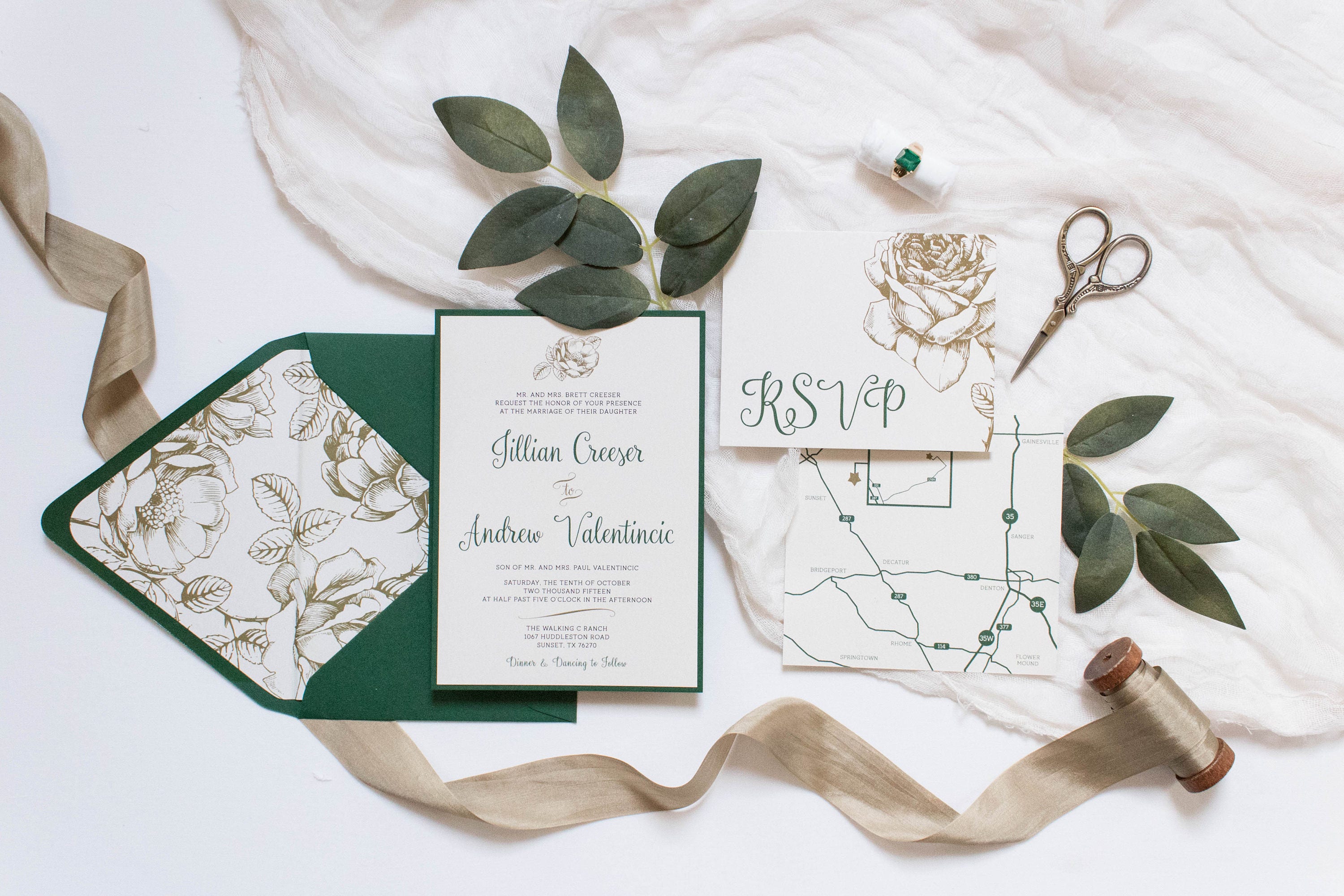 5x7 Metallic Gold Floral & Forest Green Wedding Invitation with Directions  Insert, Postcard RSVP and Envelope Liner. Different Color Options