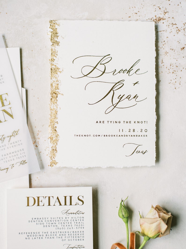 Modern Gold Foil Save the Date With Deckled Edges and Gilded Etsy