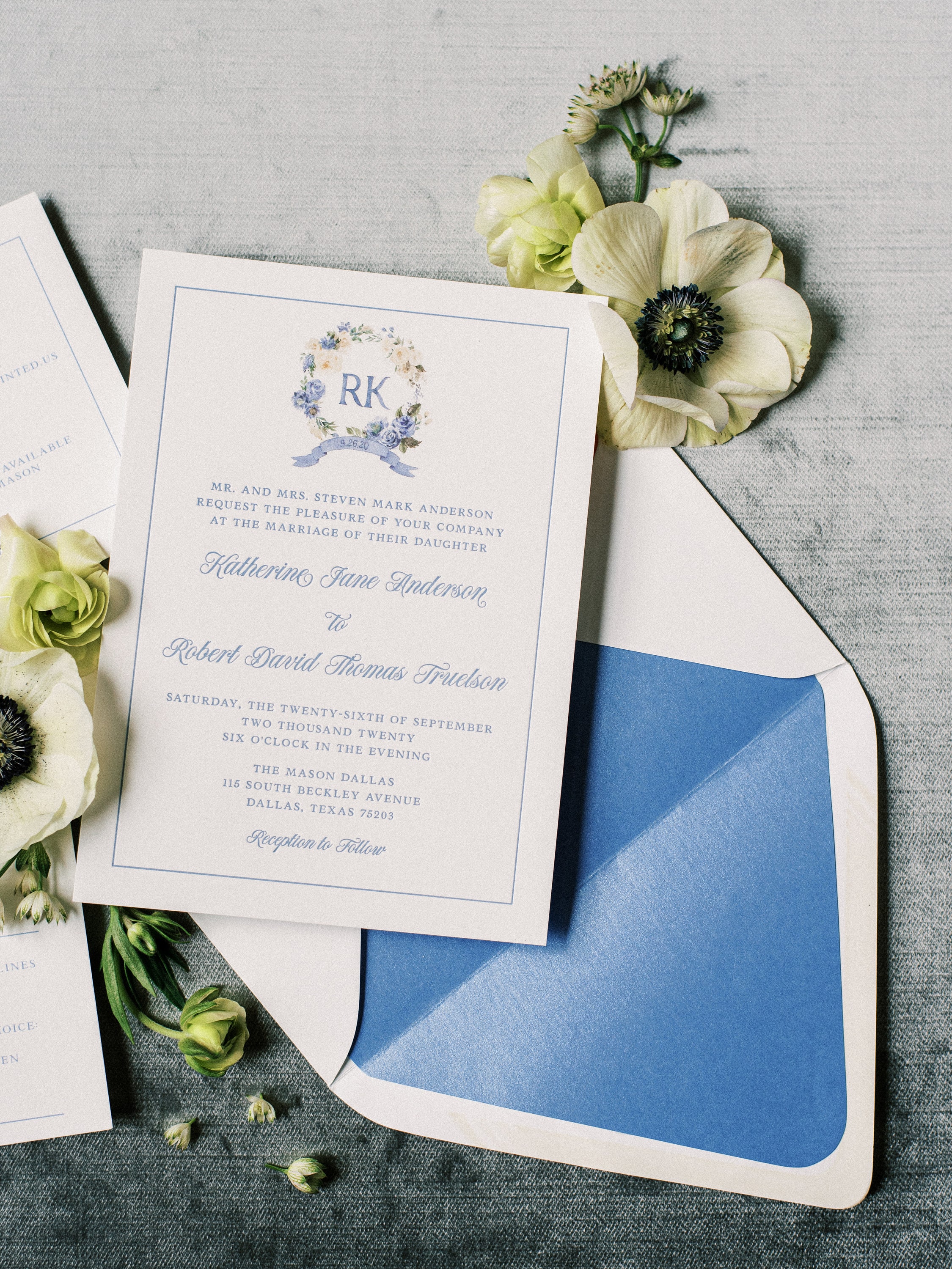 Custom Floral Monogram Wreath in Ivory and Blue with Couple's Initials, Flower Details, Envelope & Inserts — Different Colors!