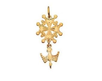 French Protestant Huguenot Cross Pendant 9K Gold 1 inch tall